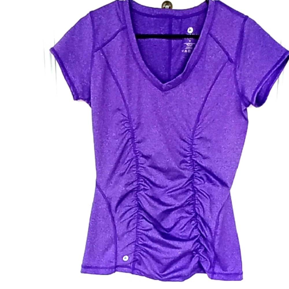 Bold Purple V-Neck Sportswear Athletic Top Ruched Fitted Activewear Workout - Picture 1 of 4